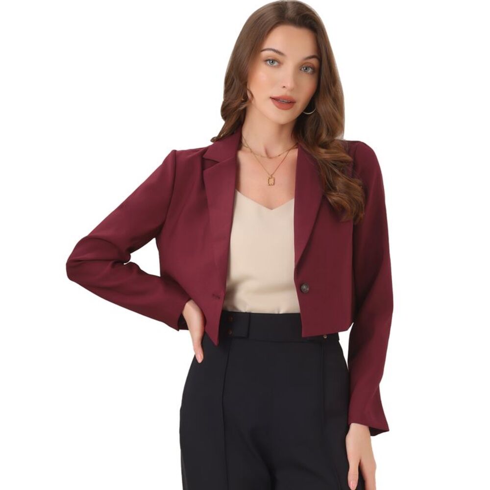 Lapel Collar Open Front Cardigan Cropped Blazer Jacket Dark Red